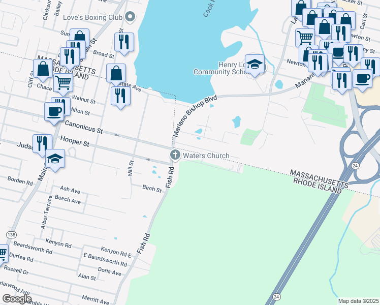 map of restaurants, bars, coffee shops, grocery stores, and more near 1144 Mariano Bishop Boulevard in Fall River