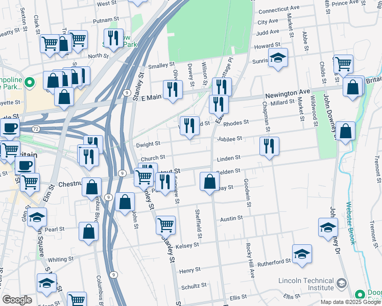 map of restaurants, bars, coffee shops, grocery stores, and more near 155 Dwight Street in New Britain