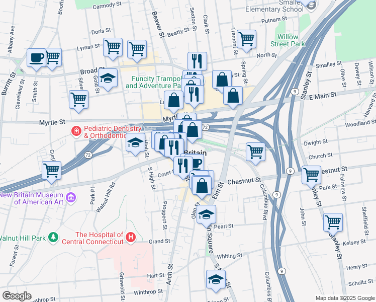 map of restaurants, bars, coffee shops, grocery stores, and more near in New Britain