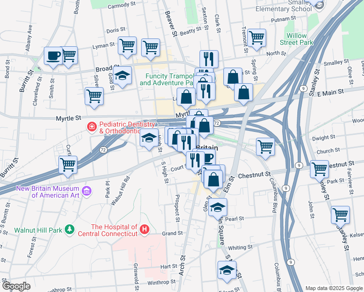 map of restaurants, bars, coffee shops, grocery stores, and more near 25 Washington Street in New Britain