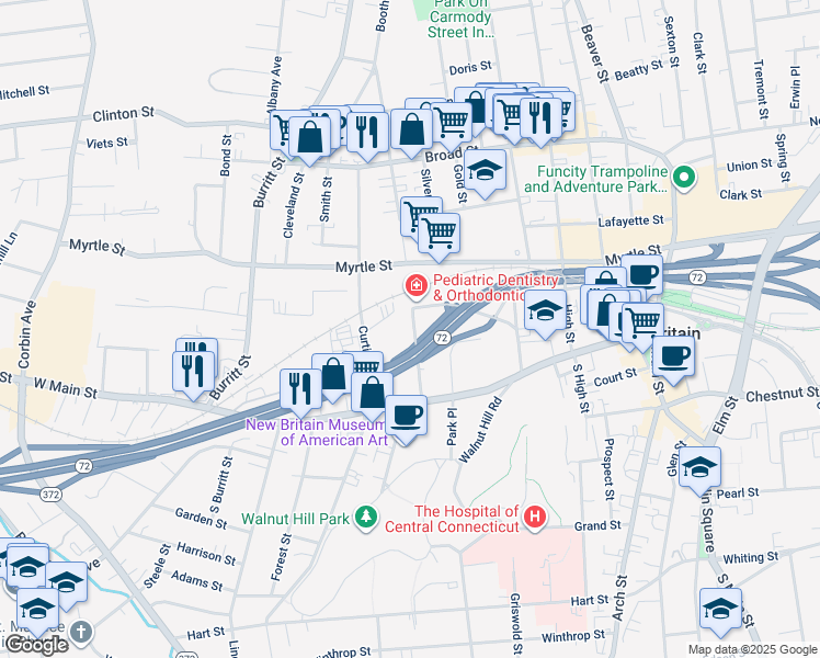 map of restaurants, bars, coffee shops, grocery stores, and more near 3 Grove Hill in New Britain