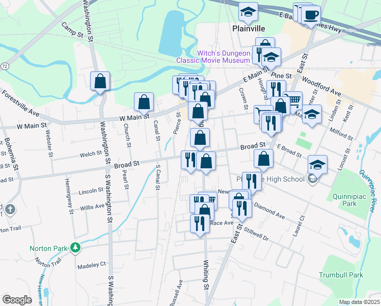 map of restaurants, bars, coffee shops, grocery stores, and more near 81 Broad Street in Plainville