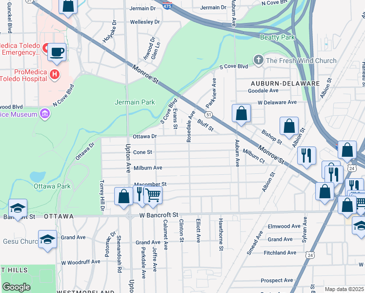 map of restaurants, bars, coffee shops, grocery stores, and more near 1723 Ottawa Drive in Toledo