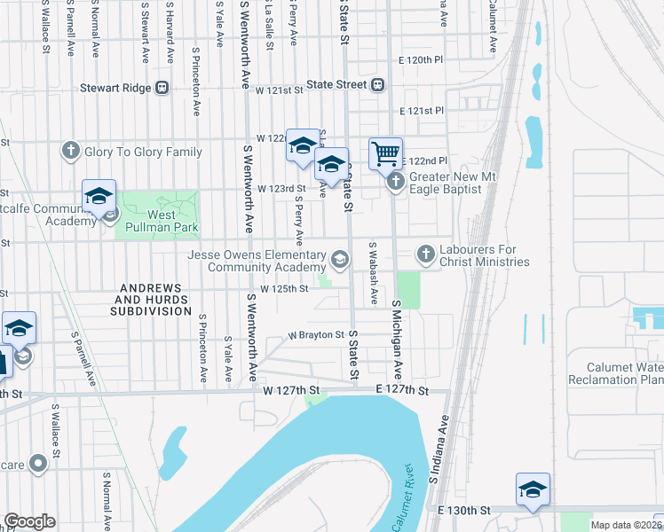 map of restaurants, bars, coffee shops, grocery stores, and more near 12410 South State Street in Chicago