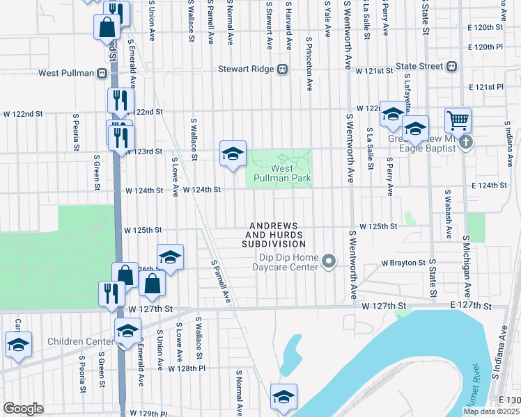 map of restaurants, bars, coffee shops, grocery stores, and more near 12409 South Eggleston Avenue in Chicago