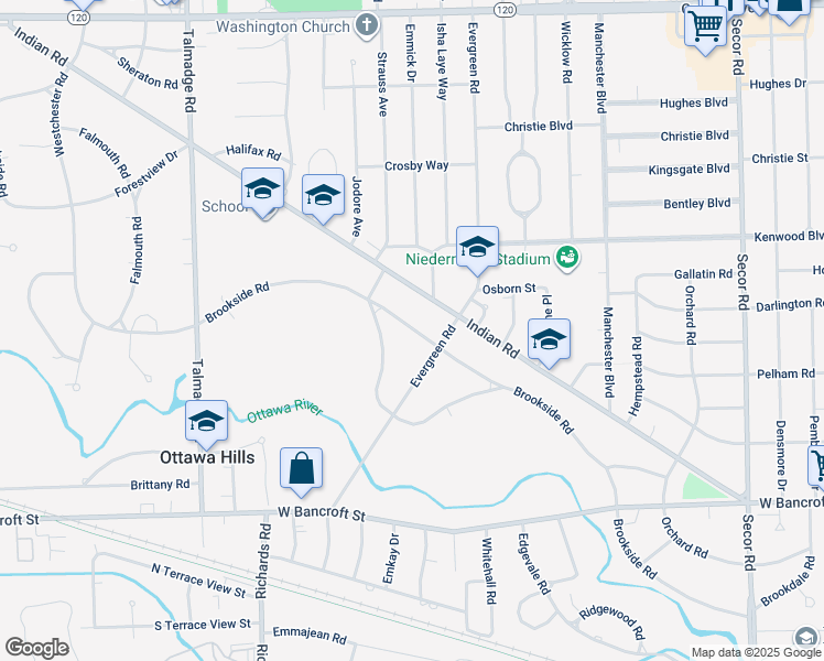 map of restaurants, bars, coffee shops, grocery stores, and more near 3844 Brookside Road in Toledo