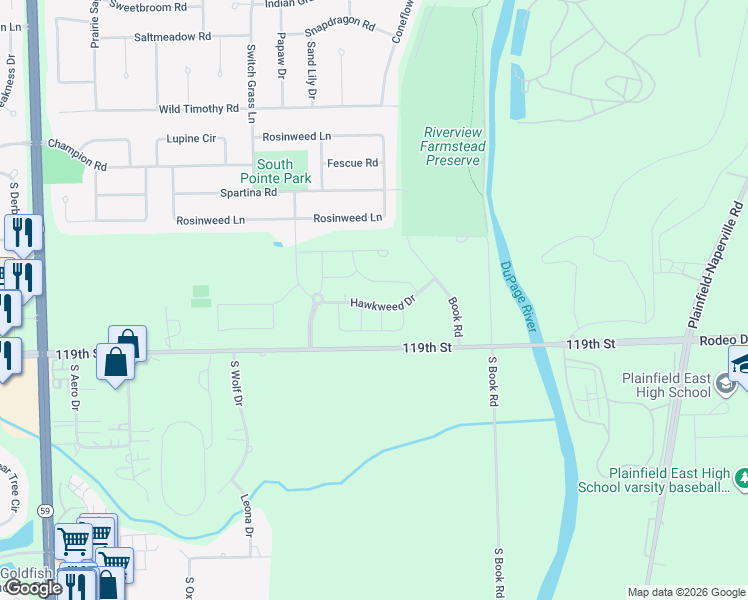 map of restaurants, bars, coffee shops, grocery stores, and more near 5747 Rosinweed Lane in Naperville