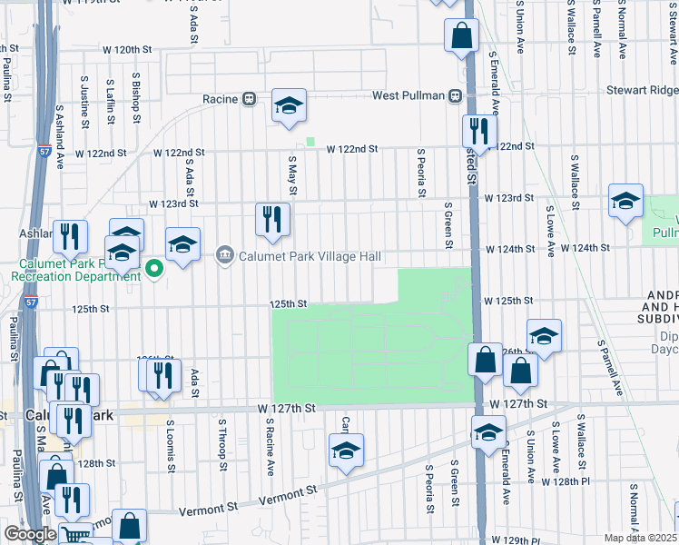 map of restaurants, bars, coffee shops, grocery stores, and more near 12400 South Carpenter Street in Calumet Park