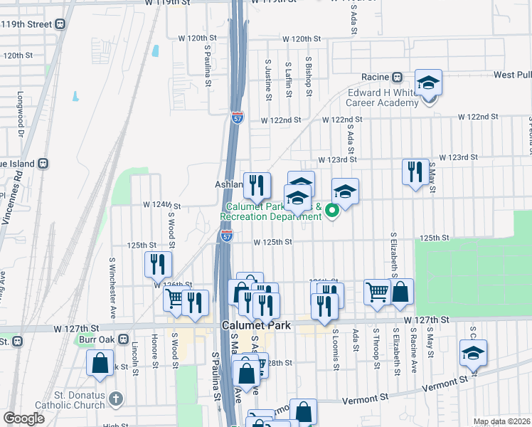 map of restaurants, bars, coffee shops, grocery stores, and more near 12400 South Justine Street in Calumet Park