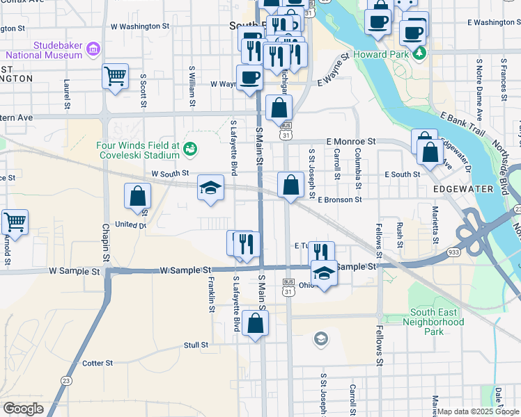 map of restaurants, bars, coffee shops, grocery stores, and more near South Main Street in South Bend