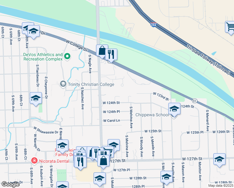 map of restaurants, bars, coffee shops, grocery stores, and more near 12305 South Spruce Court in Palos Heights