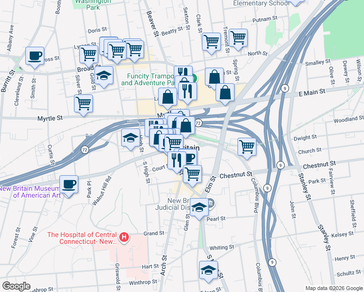 map of restaurants, bars, coffee shops, grocery stores, and more near in New Britain