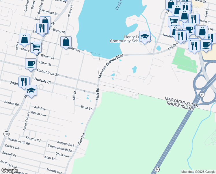 map of restaurants, bars, coffee shops, grocery stores, and more near 1144 Mariano Bishop Boulevard in Fall River