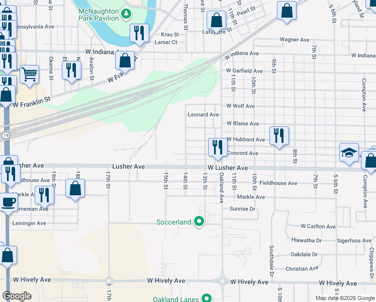map of restaurants, bars, coffee shops, grocery stores, and more near 1334 Concord Avenue in Elkhart