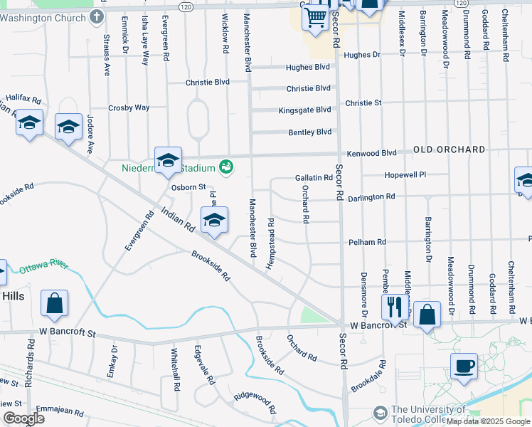 map of restaurants, bars, coffee shops, grocery stores, and more near 2433 Hempstead Road in Toledo