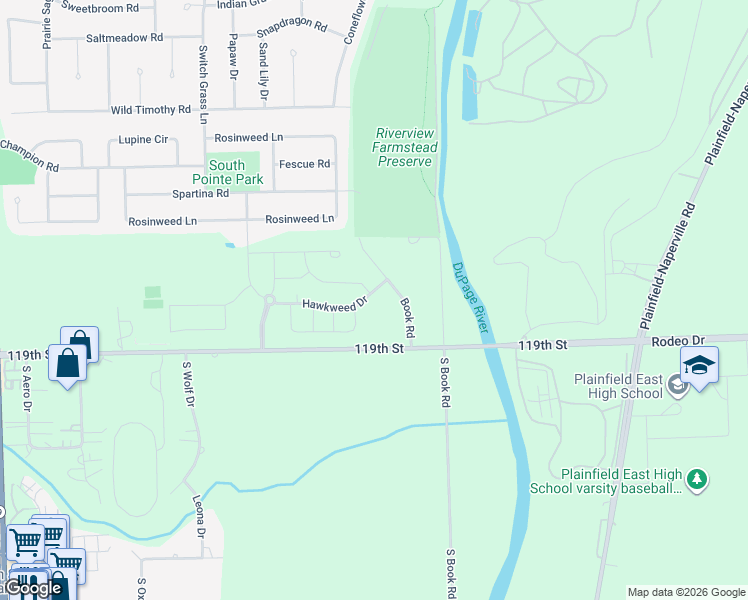 map of restaurants, bars, coffee shops, grocery stores, and more near 5751 Rosinweed Ln in Naperville