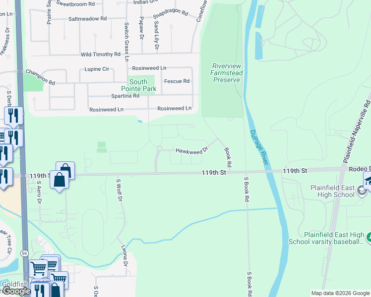 map of restaurants, bars, coffee shops, grocery stores, and more near 5747 Rosinweed Lane in Naperville