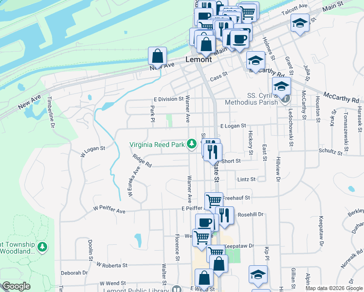 map of restaurants, bars, coffee shops, grocery stores, and more near 11 Kettering Lane in Lemont