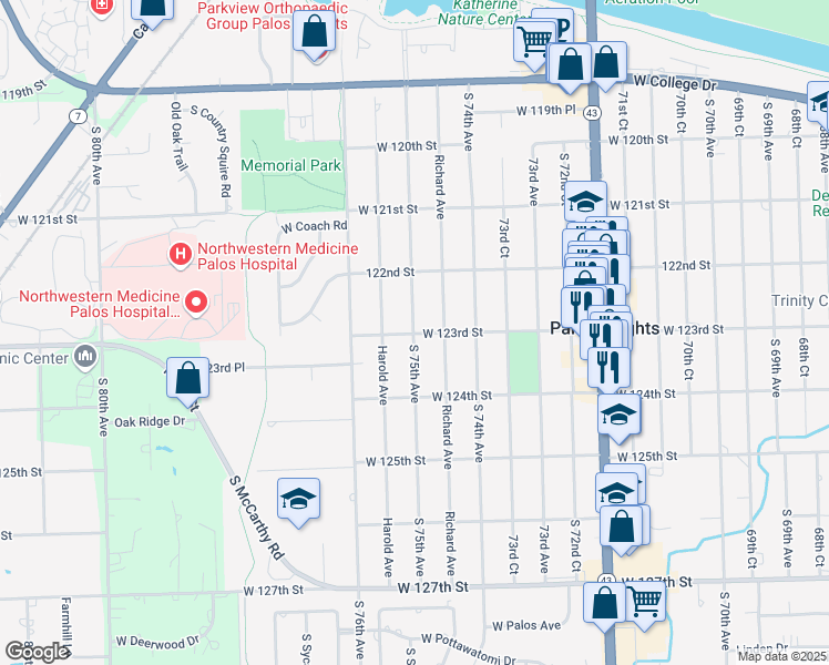 map of restaurants, bars, coffee shops, grocery stores, and more near 12299 South 75th Avenue in Palos Heights