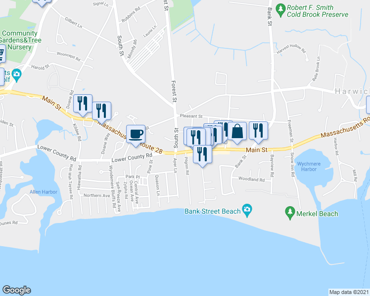 map of restaurants, bars, coffee shops, grocery stores, and more near 528 Massachusetts 28 in Harwich