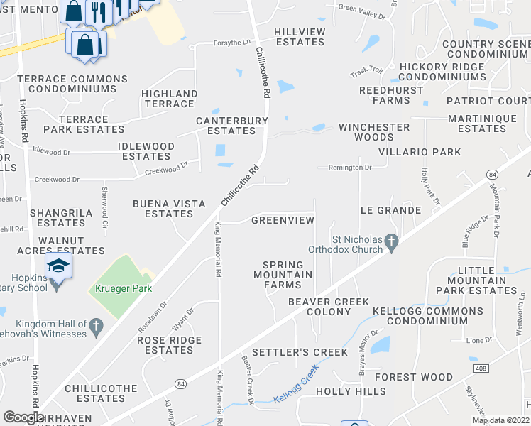 map of restaurants, bars, coffee shops, grocery stores, and more near 9421 Ridgeside Drive in Mentor