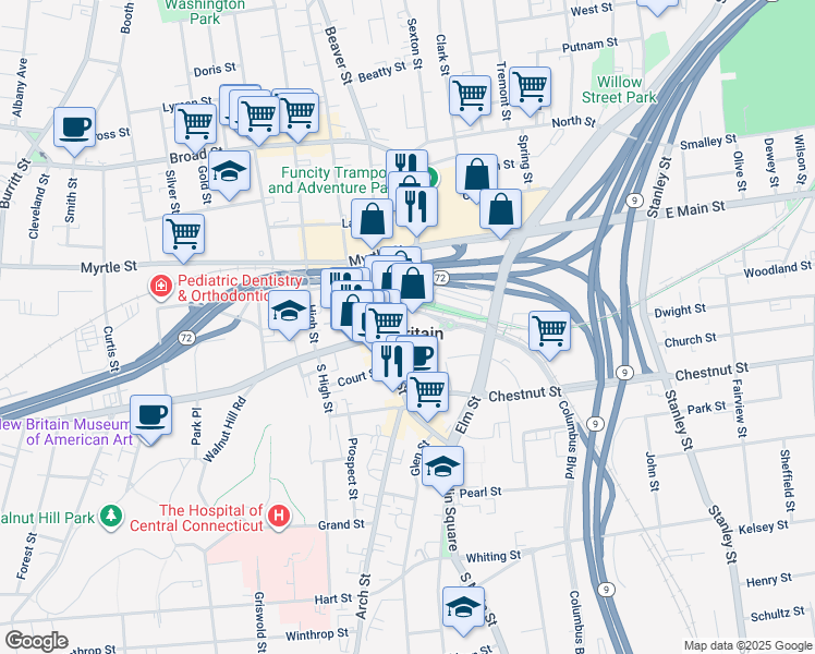 map of restaurants, bars, coffee shops, grocery stores, and more near in New Britain