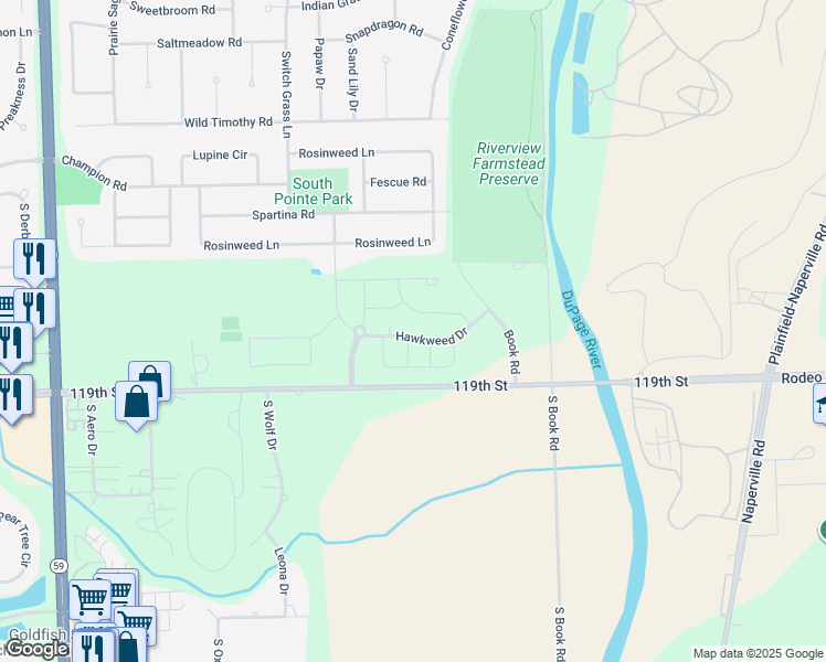 map of restaurants, bars, coffee shops, grocery stores, and more near 5747 Rosinweed Lane in Naperville