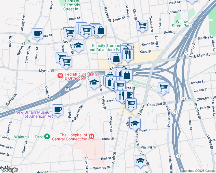 map of restaurants, bars, coffee shops, grocery stores, and more near 27 Columbus Boulevard in New Britain