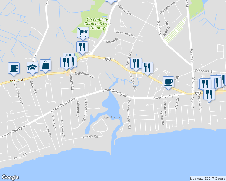 map of restaurants, bars, coffee shops, grocery stores, and more near 371 Lower County Road in Harwich