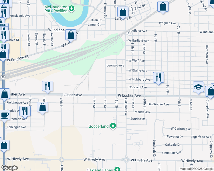 map of restaurants, bars, coffee shops, grocery stores, and more near 1321 West Hubbard Avenue in Elkhart