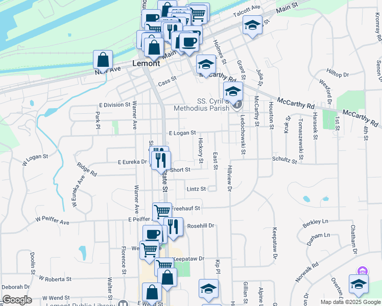 map of restaurants, bars, coffee shops, grocery stores, and more near 726 Chestnut Street in Lemont