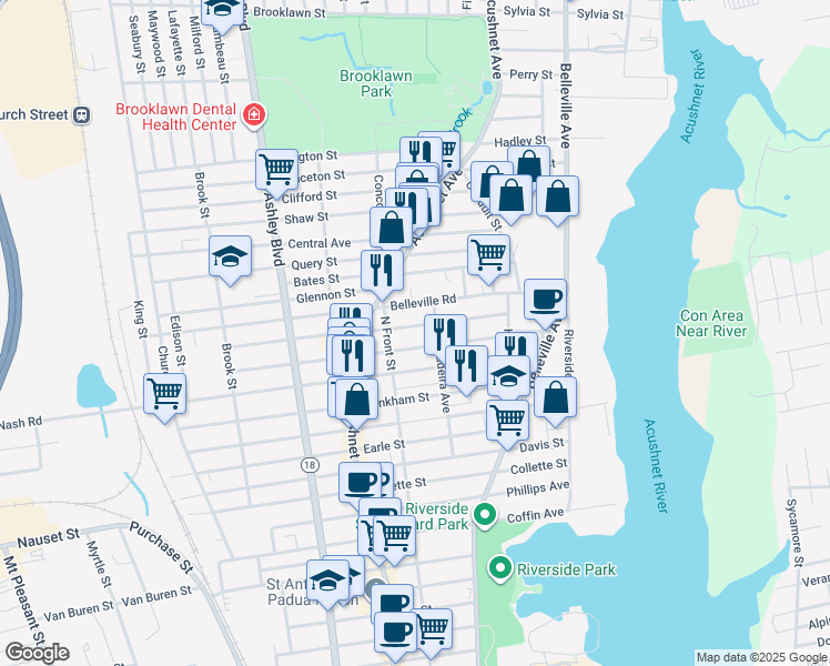 map of restaurants, bars, coffee shops, grocery stores, and more near 111 Eugenia Street in New Bedford