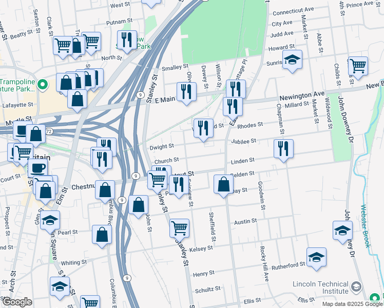 map of restaurants, bars, coffee shops, grocery stores, and more near 115 Dwight Street in New Britain