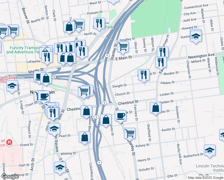 map of restaurants, bars, coffee shops, grocery stores, and more near 777 Stanley Street in New Britain