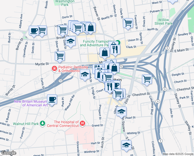 map of restaurants, bars, coffee shops, grocery stores, and more near 27 Columbus Boulevard in New Britain