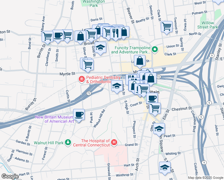map of restaurants, bars, coffee shops, grocery stores, and more near 62 Cedar Street in New Britain