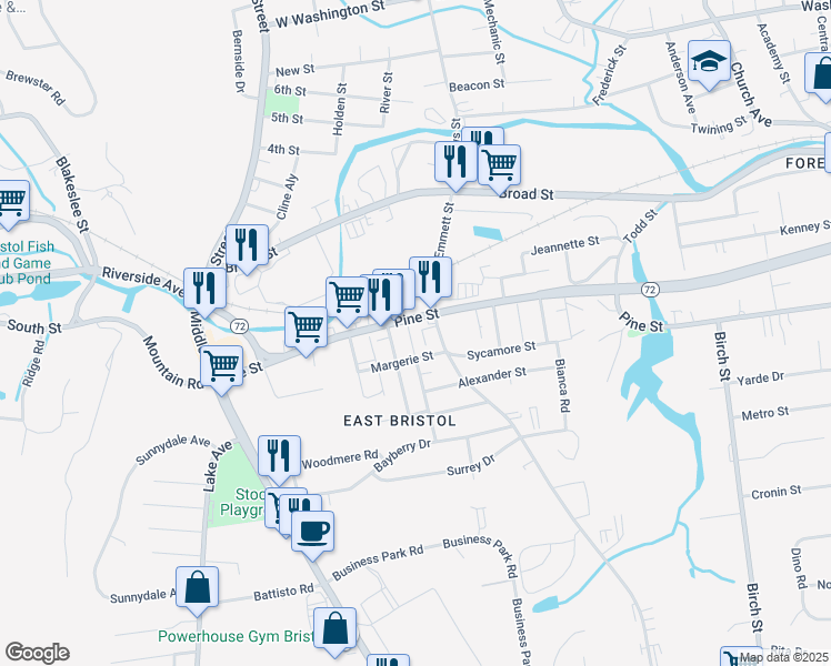 map of restaurants, bars, coffee shops, grocery stores, and more near 201 Pine Street in Bristol