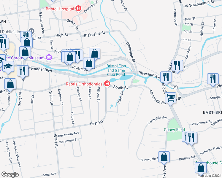 map of restaurants, bars, coffee shops, grocery stores, and more near 505 South Street in Bristol