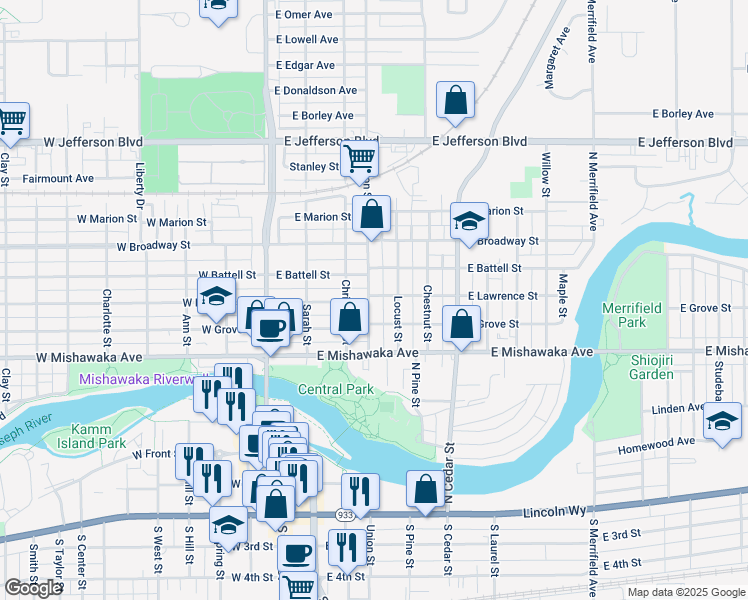 map of restaurants, bars, coffee shops, grocery stores, and more near 406 East Lawrence Street in Mishawaka