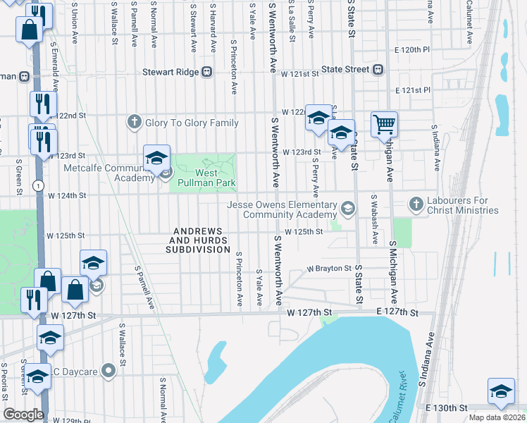 map of restaurants, bars, coffee shops, grocery stores, and more near 12408 South Yale Avenue in Chicago