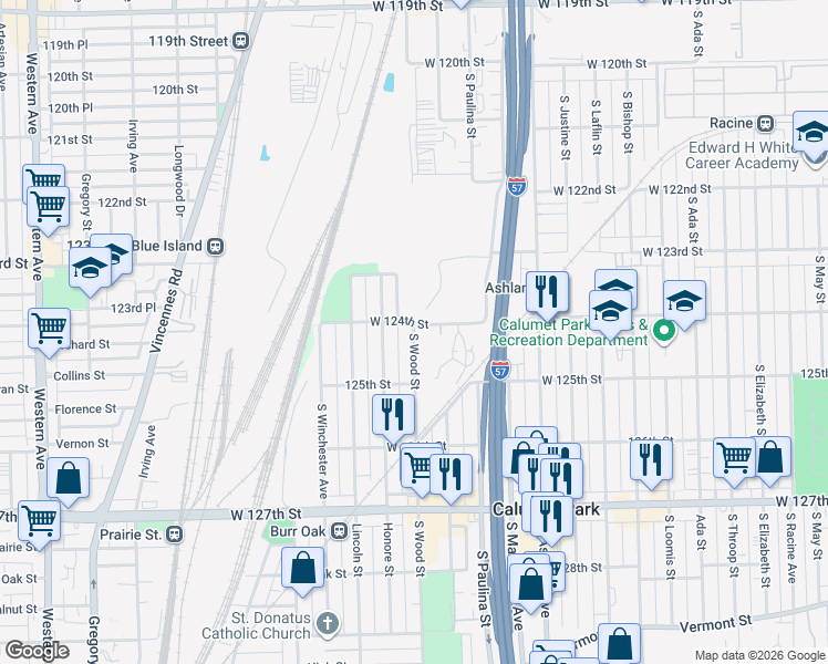 map of restaurants, bars, coffee shops, grocery stores, and more near 12404 South Wood Street in Calumet Park