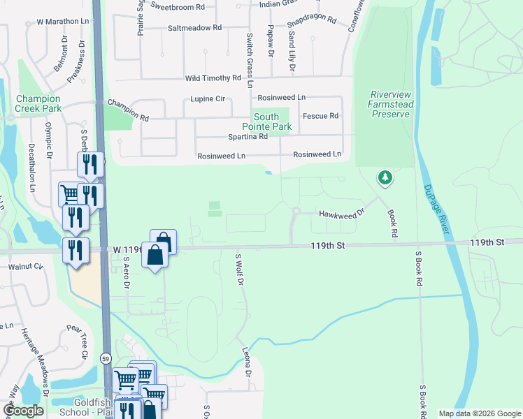 map of restaurants, bars, coffee shops, grocery stores, and more near Hawkweed Drive in Naperville