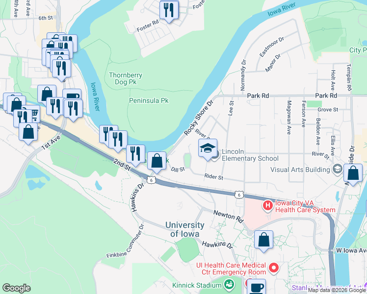 map of restaurants, bars, coffee shops, grocery stores, and more near 125-219 Rocky Shore Dr in Iowa City