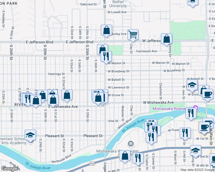 map of restaurants, bars, coffee shops, grocery stores, and more near 1022 West Lawrence Street in Mishawaka