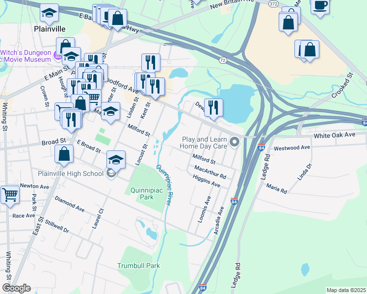 map of restaurants, bars, coffee shops, grocery stores, and more near 50 Milford Street in Plainville
