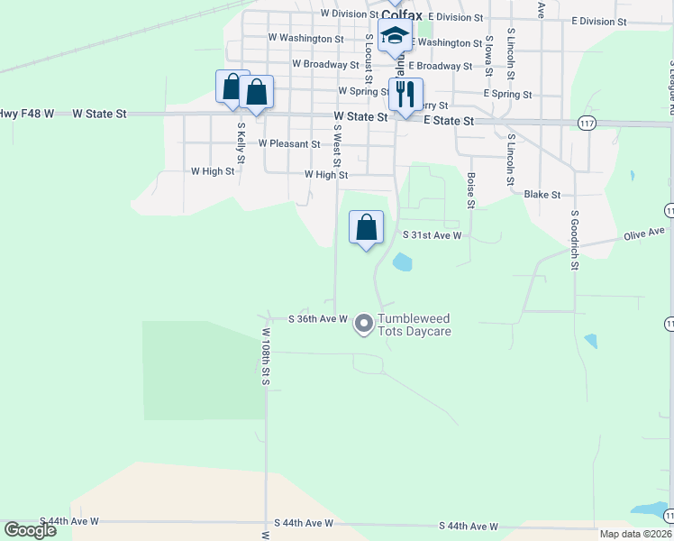 map of restaurants, bars, coffee shops, grocery stores, and more near 3358 South West Street in Colfax