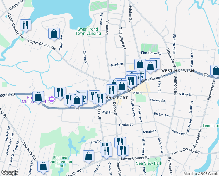 map of restaurants, bars, coffee shops, grocery stores, and more near 227 Depot Street in Dennis