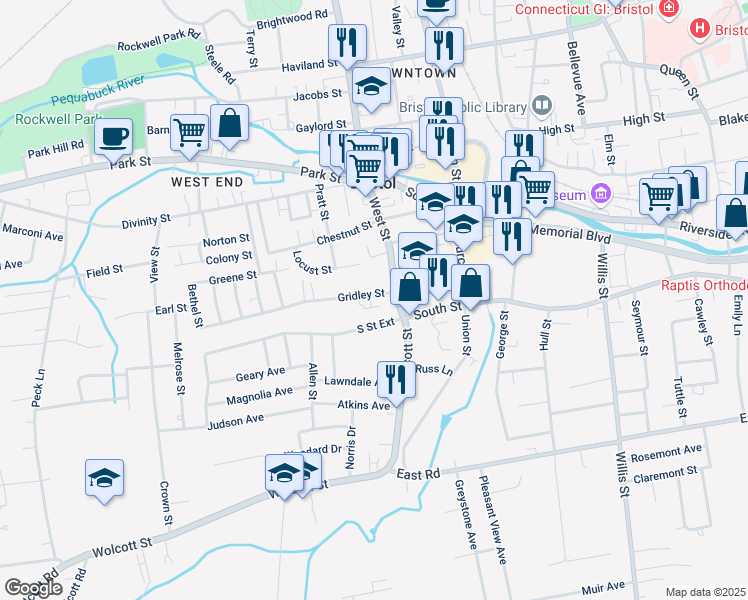 map of restaurants, bars, coffee shops, grocery stores, and more near 30 Gridley Street in Bristol