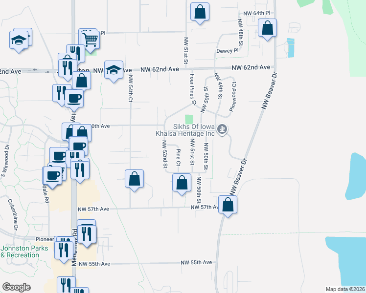 map of restaurants, bars, coffee shops, grocery stores, and more near 5841 Pine Court in Johnston