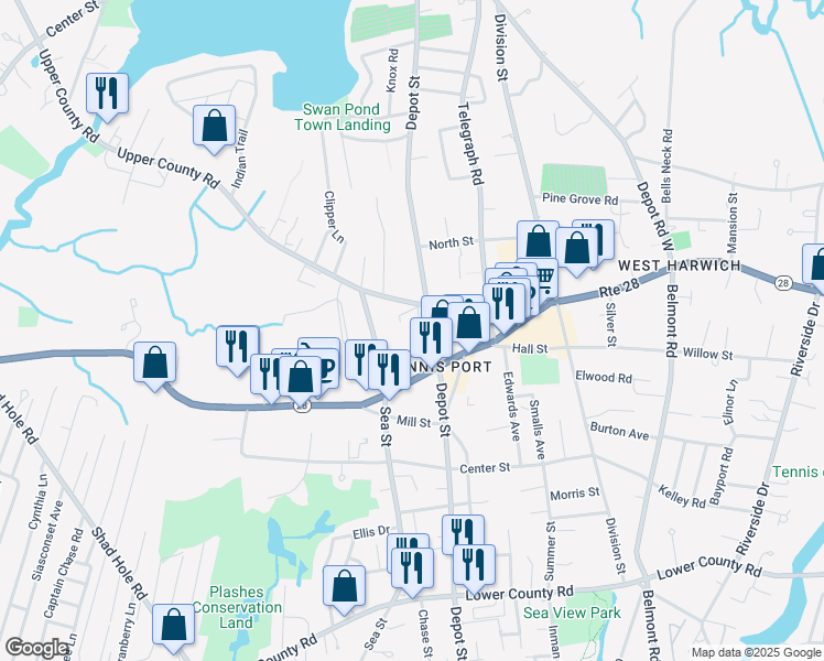 map of restaurants, bars, coffee shops, grocery stores, and more near 187 Upper County Road in Dennis